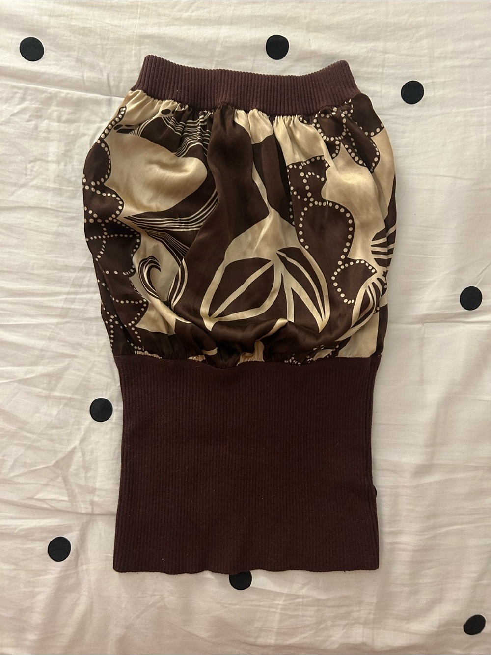 bebe Brown and Cream Sleeveless Silk Shirt